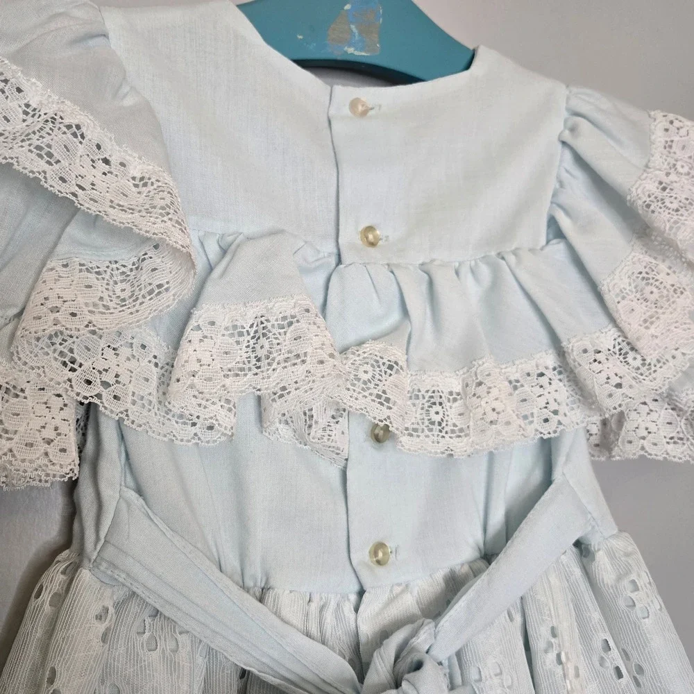 Vtg Martha's Miniatures Girls 5 Blue Lace Apron Dress Circle Skirt Twirl Prairie